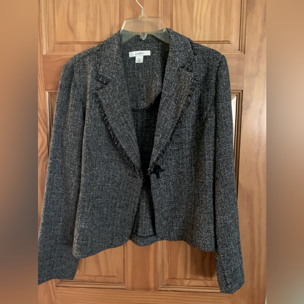 Bolero style jacket, black tweed with fringe collar
